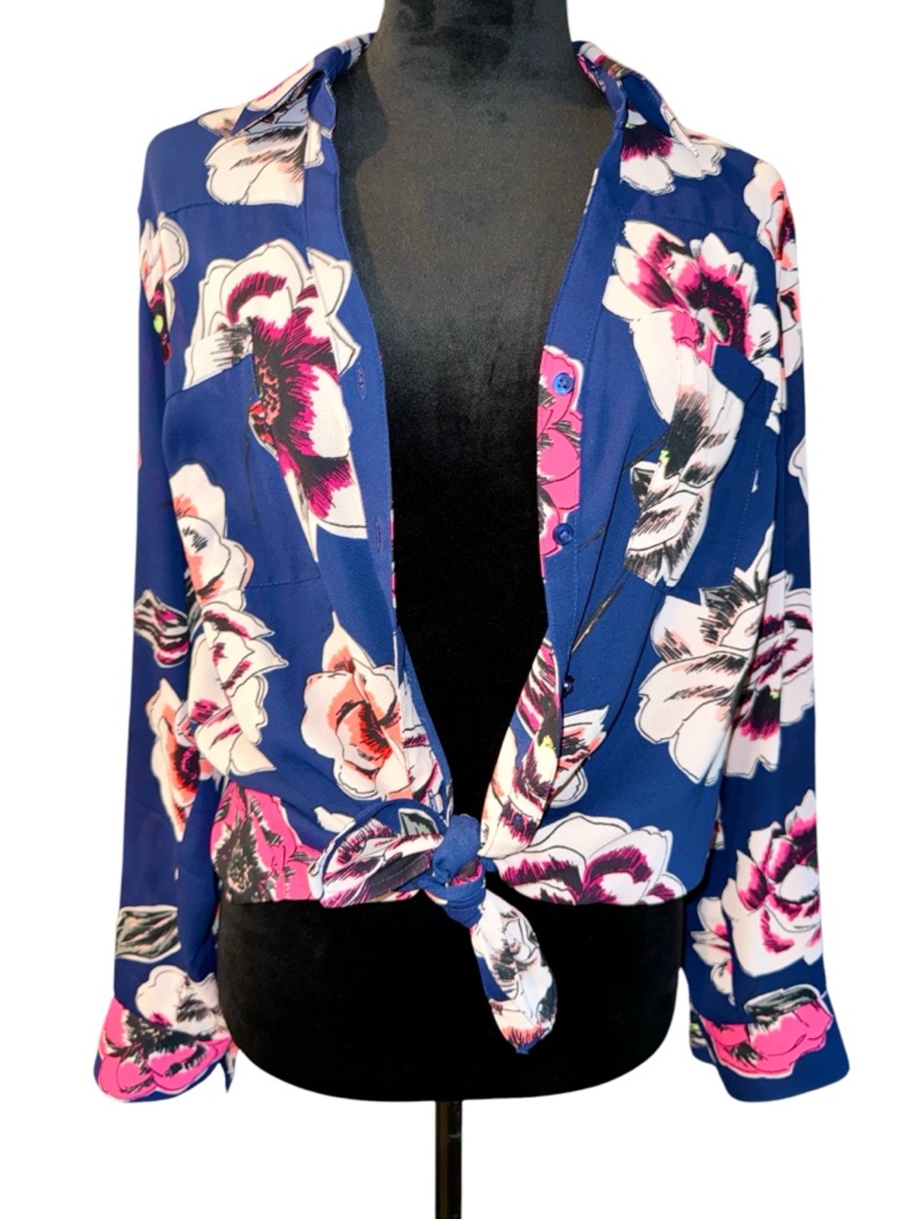 Express Navy Floral Sheer Button Down with Neon Accents, Size Large